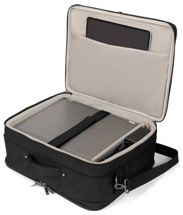 Een geopende zwarte laptoptas met twee vakken. In het onderste vak ligt een laptop, in het bovenste een tablet.