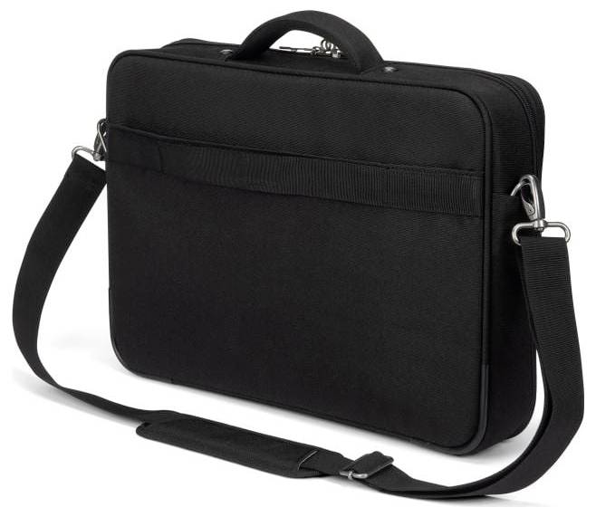 Een zwarte laptoptas met handgreep en verstelbare schouderband, geschikt voor het vervoeren van elektronische apparaten.
