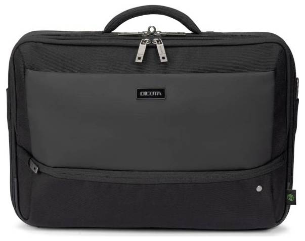 Zwarte laptoptas met rits, handvat aan de bovenkant en een klein logo aan de voorkant.