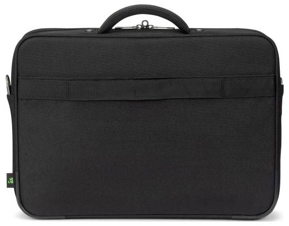 Zwarte laptoptas met handgreep, vooraanzicht.