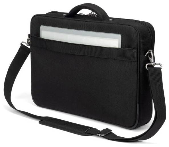 Zwarte laptoptas met schouderband, voorvak en zichtbare laptop. Ideaal voor mobiel transport en bescherming van een laptop.