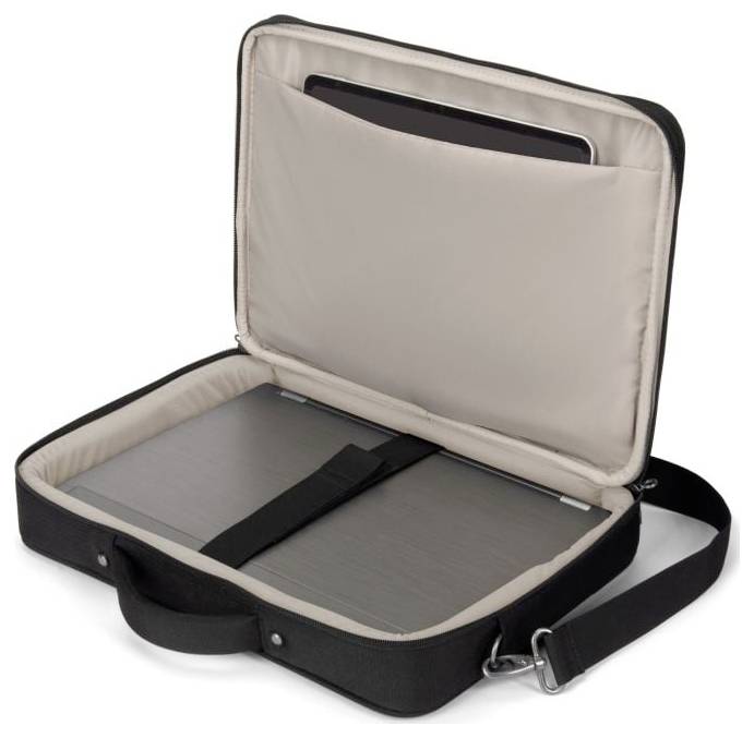 Zwarte laptoptas met open rits, toont een veilige laptophouder en een vak voor documenten.