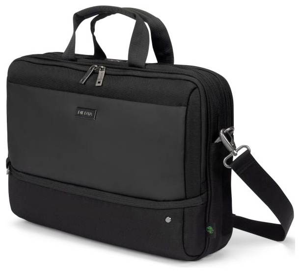 Zwarte laptoptas met handgreep en afneembare schouderband. Voorkant heeft een ritssluiting. Ideaal voor werk en reizen.