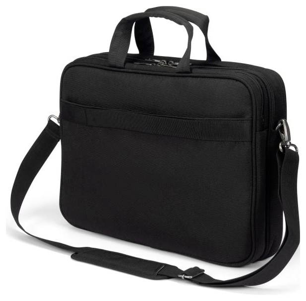 Een zwarte aktetas met schouderband en handvat. Ideaal voor laptops en documenten.