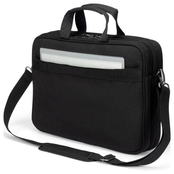 Een zwarte laptoptas met schouderband en twee handgrepen. Aan de voorkant is een tas zichtbaar met een wit document.