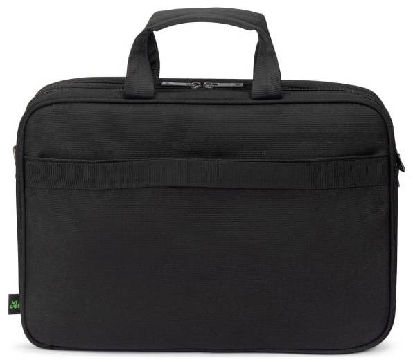 Een zwarte laptoptas met twee handgrepen en een ritssluiting, geschikt voor het vervoeren van een laptop en toebehoren.