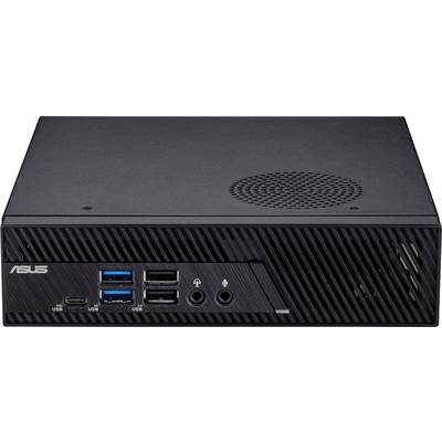 Compacte zwarte mini-pc met meerdere USB- en audio-aansluitingen aan de voorkant, geschikt voor kantoor- of thuisgebruik.