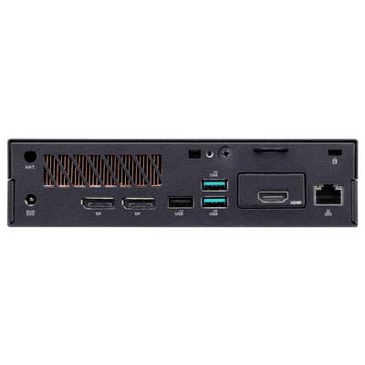'Achterkant van een computer: drie DisplayPorts, twee USB-poorten, HDMI, Ethernet-poort en aan-uitknop.'