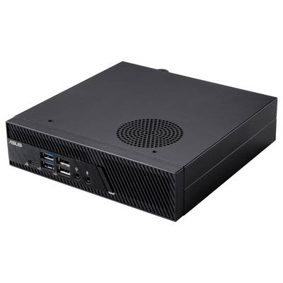 Een zwarte mini-pc met meerdere USB-poorten en audio-aansluitingen aan de voorkant. Ventilatieopening bovenaan voor koeling.