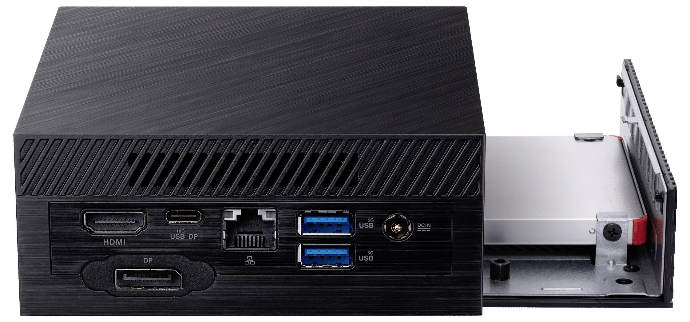 Een kleine zwarte computerbehuizing met een gedeeltelijk uitgeschoven lade, waarop poorten voor HDMI, USB en andere aansluitingen aan de zijkant zichtbaar zijn.