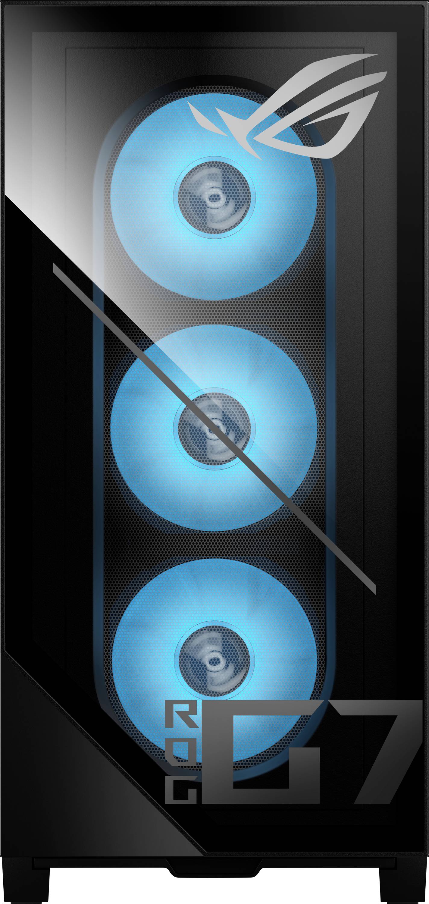 Computertoren met drie gloeiende blauwe ventilatoren in een transparant voorpaneel, met een gestileerd logo in de rechterbovenhoek.