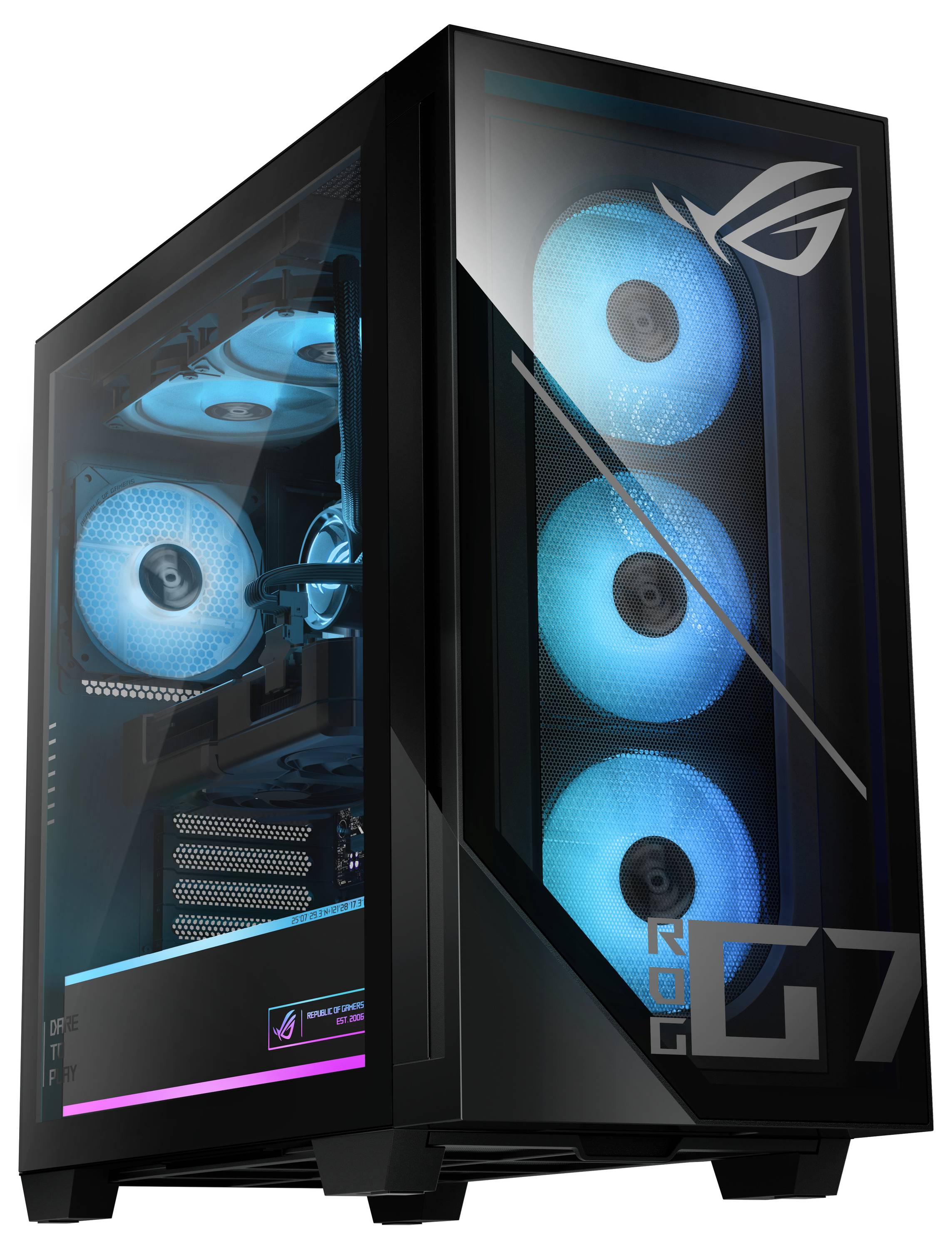 Een gaming desktop toren met RGB-verlichte ventilatoren in een transparante behuizing, met een logo en 'G7' op het voorpaneel.