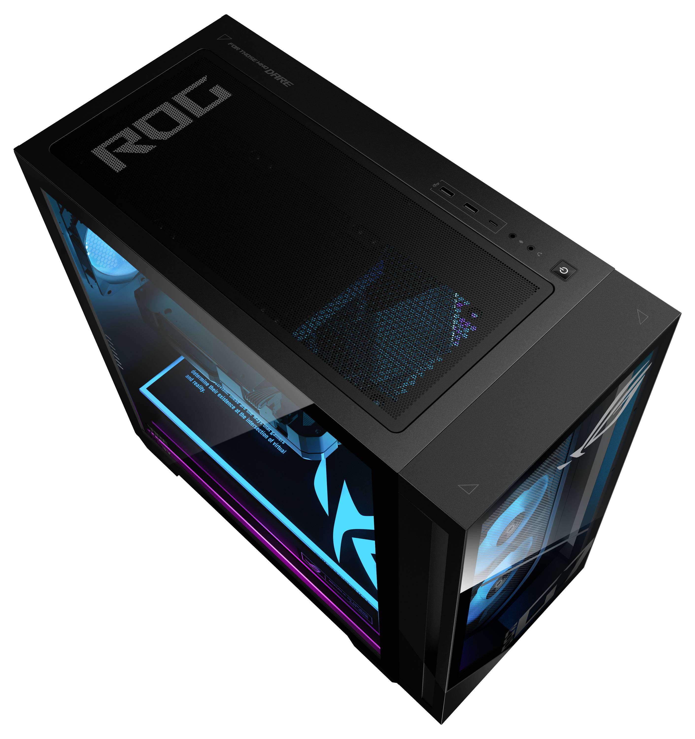 Een zwarte gaming desktop computer met 'ROG'-branding, voorzien van transparante panelen en verlichte interne componenten in blauw en paars.