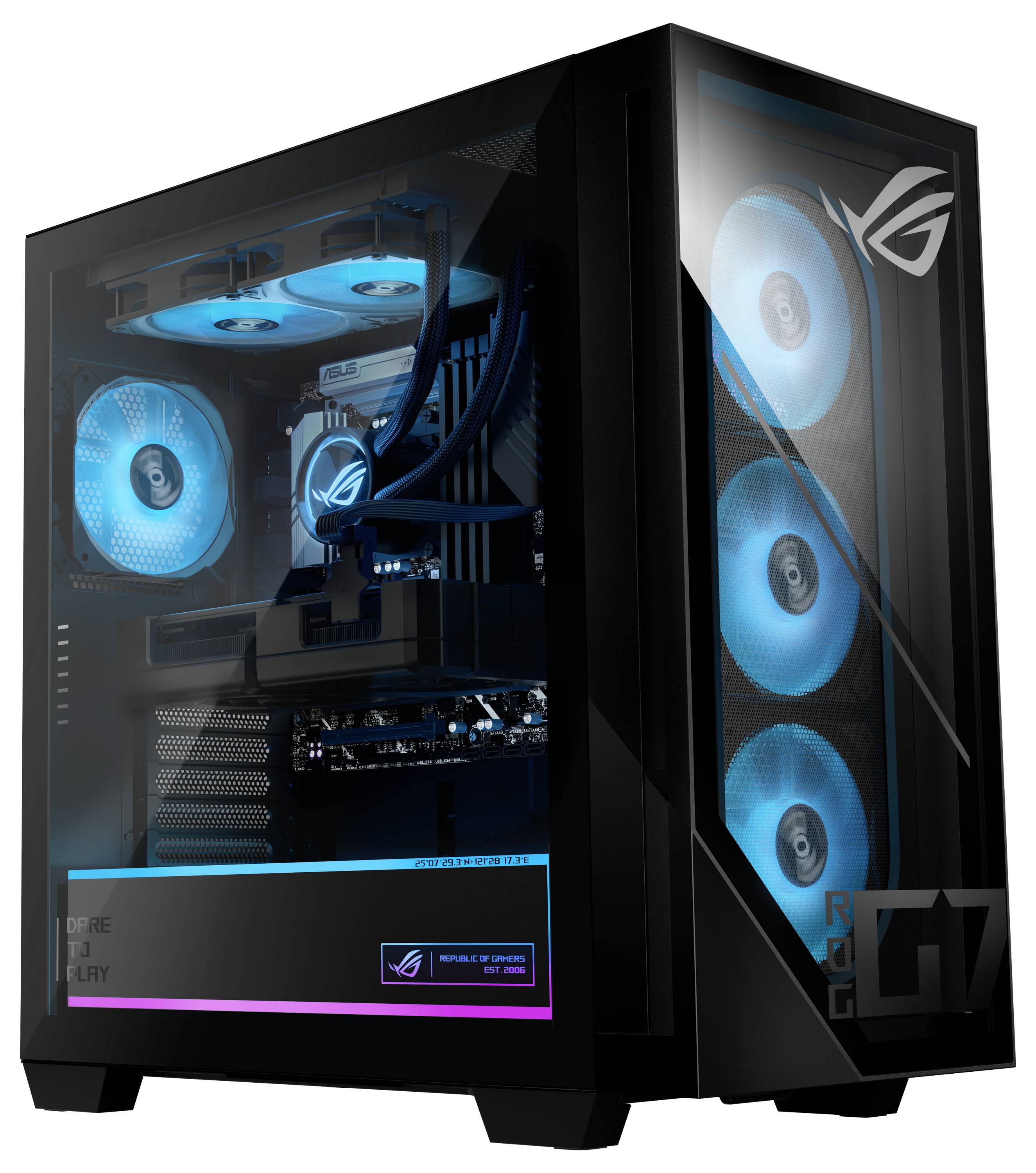 Een zwarte gaming desktop-pc met levendige blauwe LED-koelventilatoren is verlicht. Het zijpaneel onthult de interne hardwareconfiguratie.