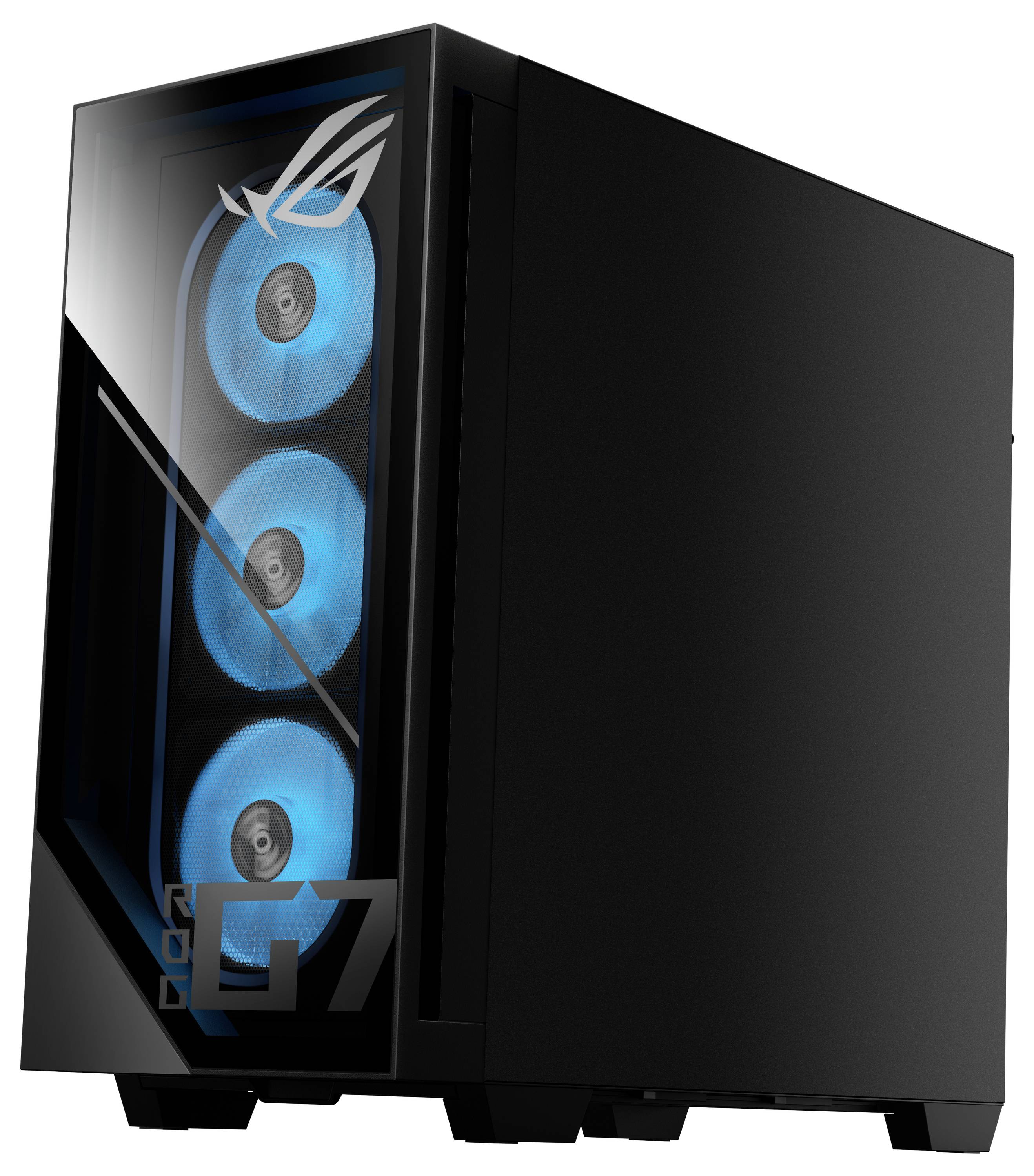 Een zwarte computertoren met drie zichtbare blauw verlichte koelventilatoren achter een transparant voorpaneel met het ROG-logo aan de zijkant.