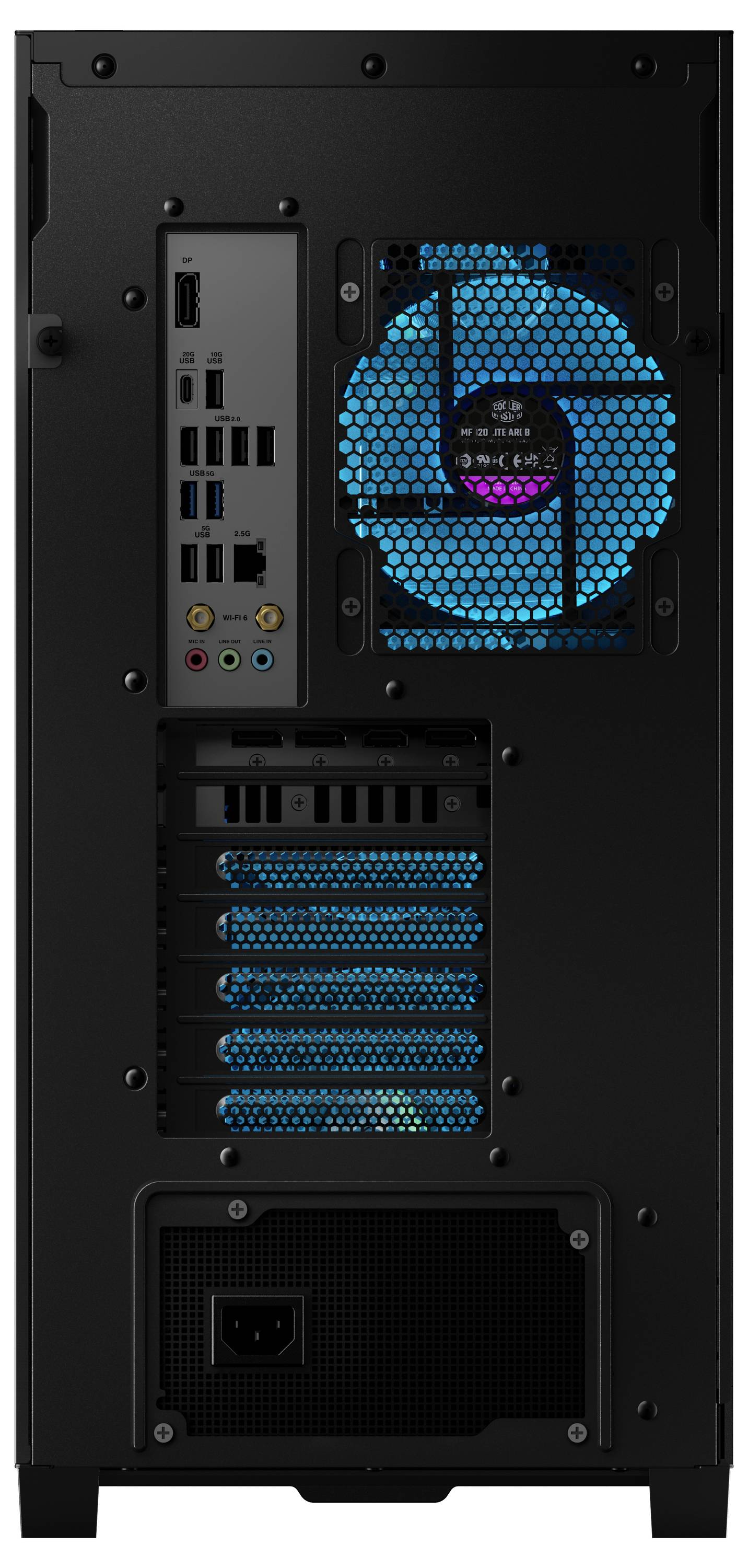 Achteraanzicht van een zwarte computerbehuizing met meerdere poorten, waaronder USB, HDMI en Ethernet, en een achterventilator met blauwe verlichting.