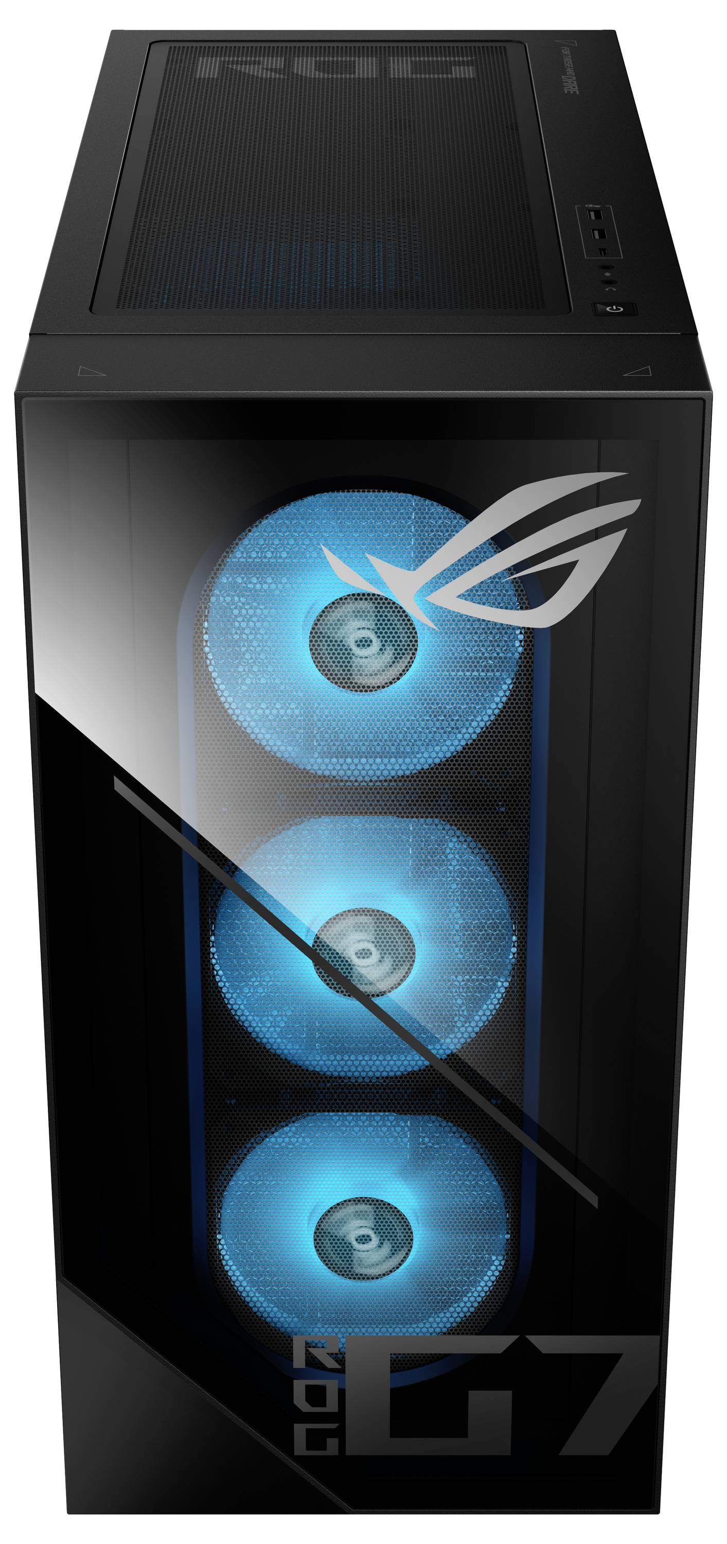 Een zwarte computertoren met drie blauw verlichte koelventilatoren zichtbaar door het voorpaneel. Hij heeft een gaming-logo bovenop geplaatst.