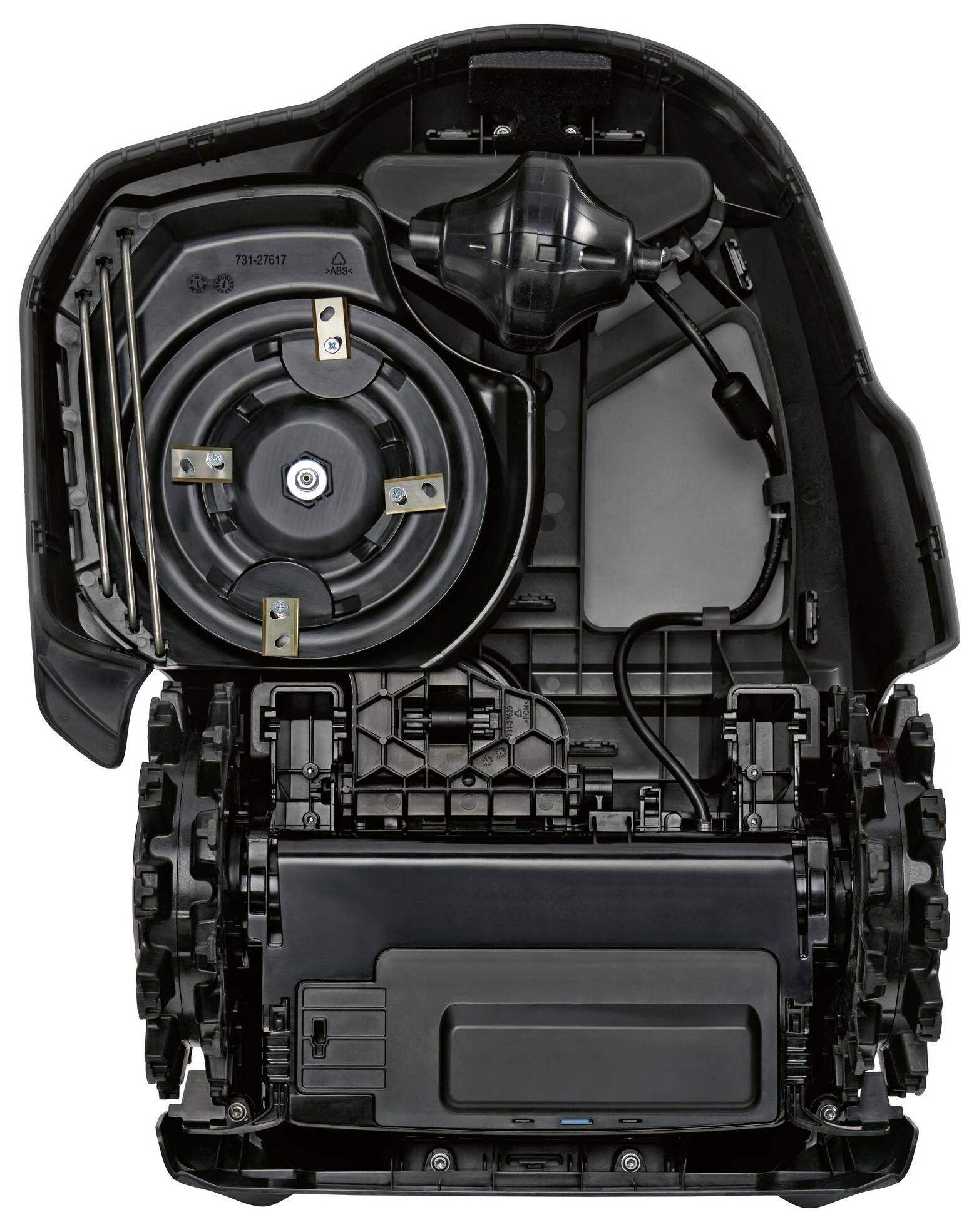 Binnenaanzicht van een automatische grasmaaier met zichtbare motor- en aandrijvingscomponenten. Toont de technische indeling en mechanische details.