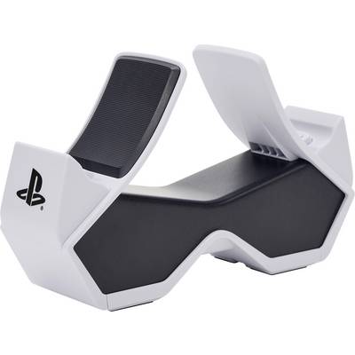 'PlayStation-controlleroplaadstation, wit en zwart, geschikt voor het gelijktijdig opladen van twee controllers, met PlayStation-logo.'