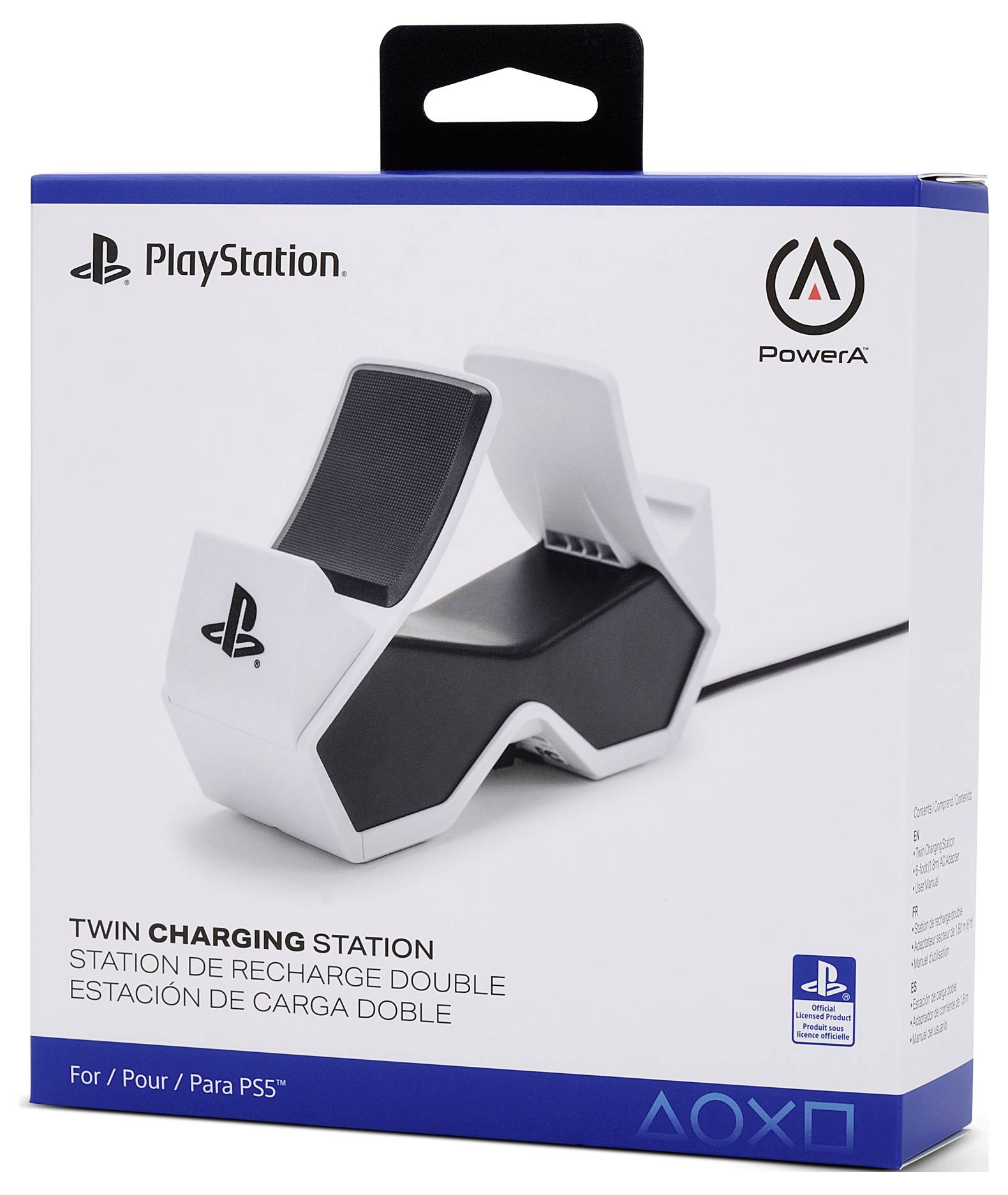 'PlayStation Twin Charging Station' op de verpakking afgebeeld. Deze is bedoeld voor het gelijktijdig opladen van twee PS5-controllers.