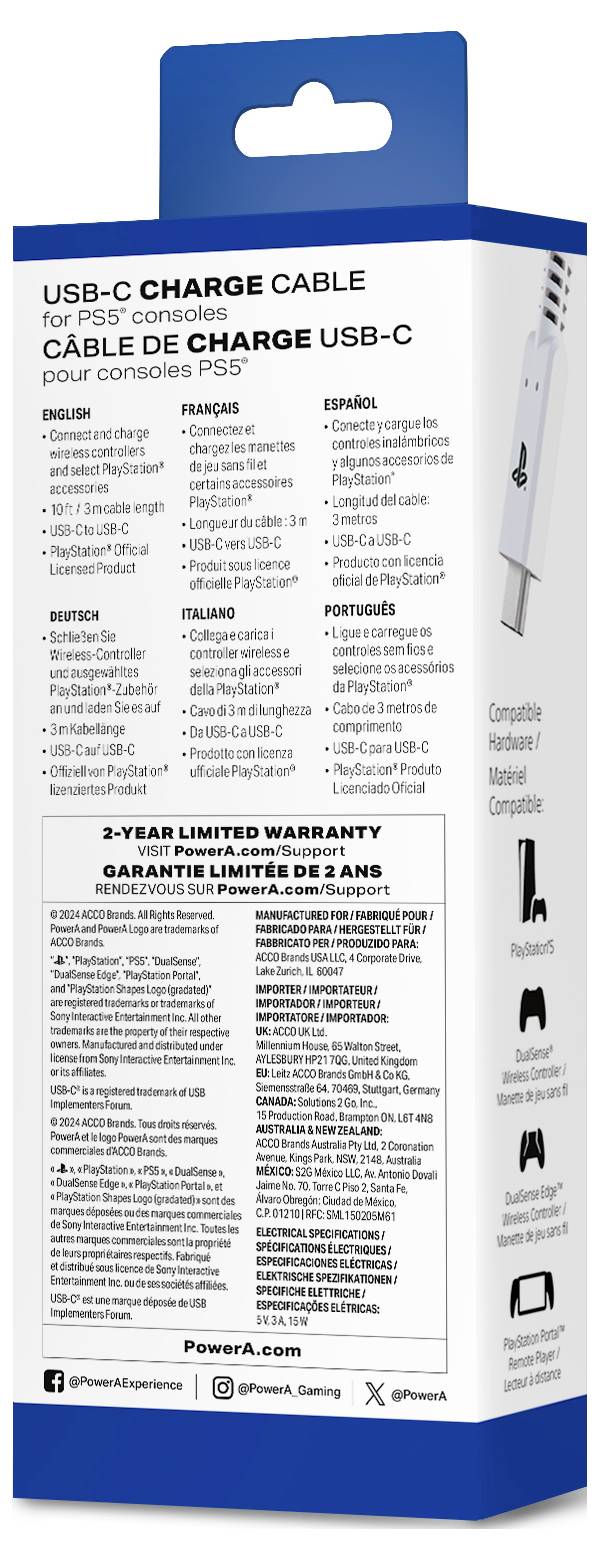 Witte doos met blauwe bovenkant voor een USB-C-oplaadkabel voor PS5. Meegeleverde talen: Engels, Frans, Duits, Spaans, Italiaans, Portugees.