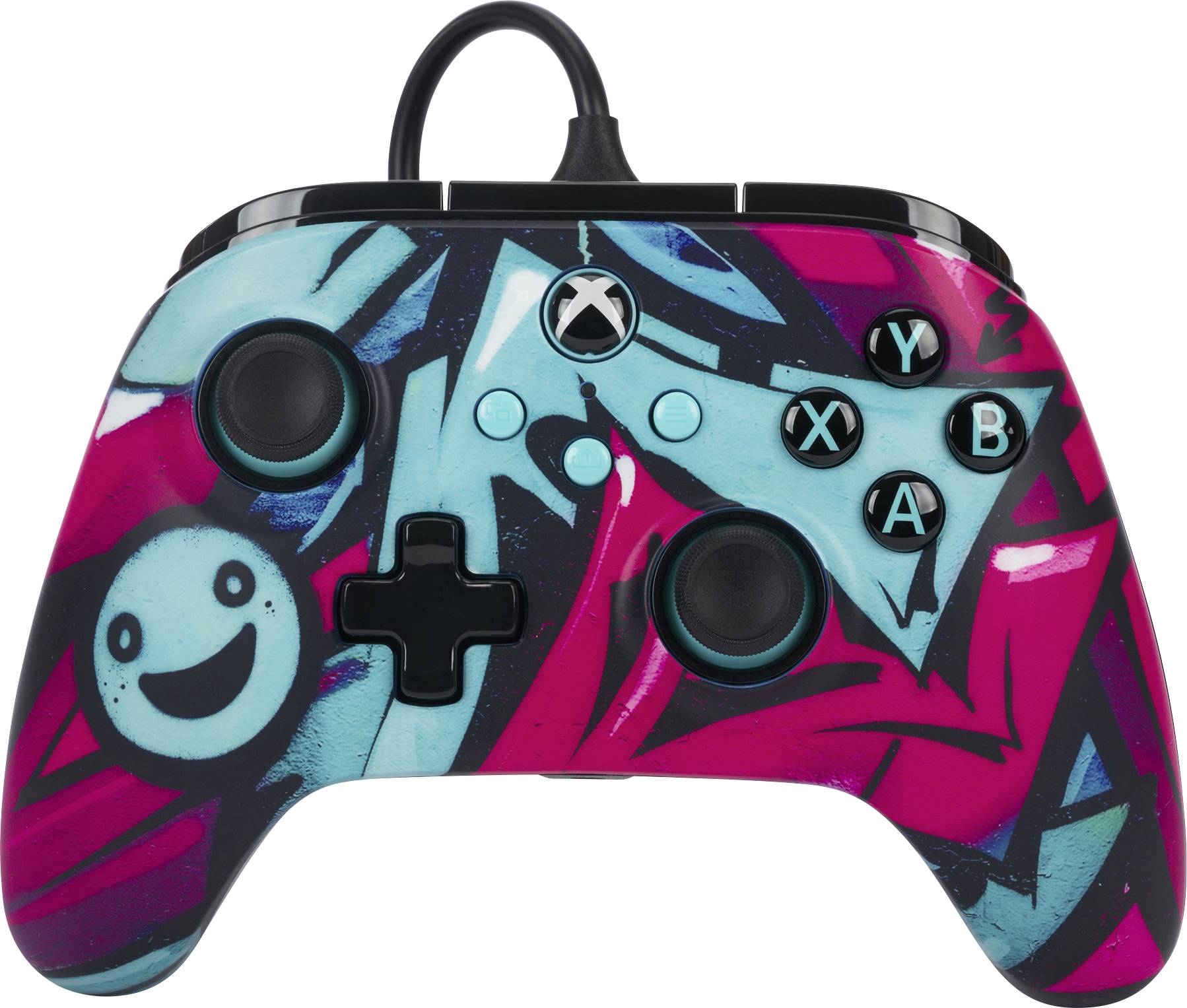 Een kleurrijke gamingcontroller met een levendig, abstract ontwerp en gezichtssymbolen op de voorkant.