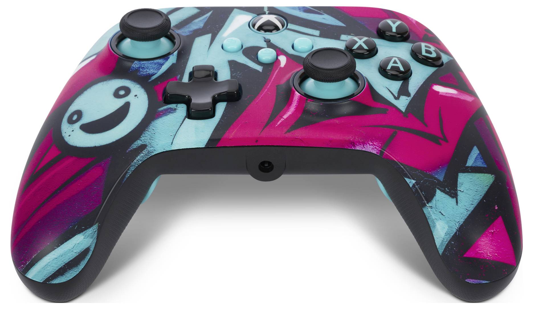 Een kleurrijke videogamecontroller met een grafisch patroon in rood, blauw en zwart. Knoppen zijn zichtbaar: Y, X, B, A.