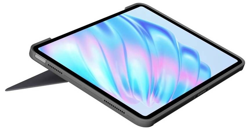 Tablet met een helder, kleurrijk scherm, in een beschermende behuizing met een geïntegreerde standaard die het onder een hoek kan plaatsen.
