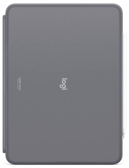 Grijze beschermhoes van een merk voor tablets met geïntegreerde penhouder aan de zijkant, in gesloten toestand weergegeven.