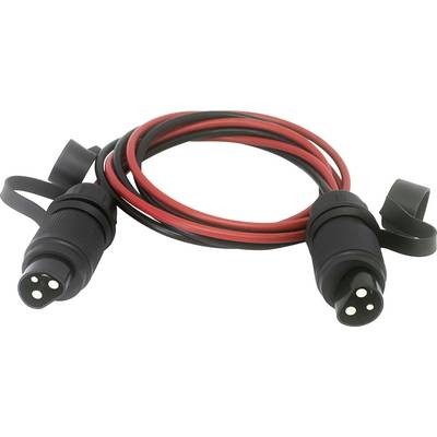 Een zwart-rood kabel met twee stekkers, geschikt voor energieoverdracht in elektronische apparaten of systemen.