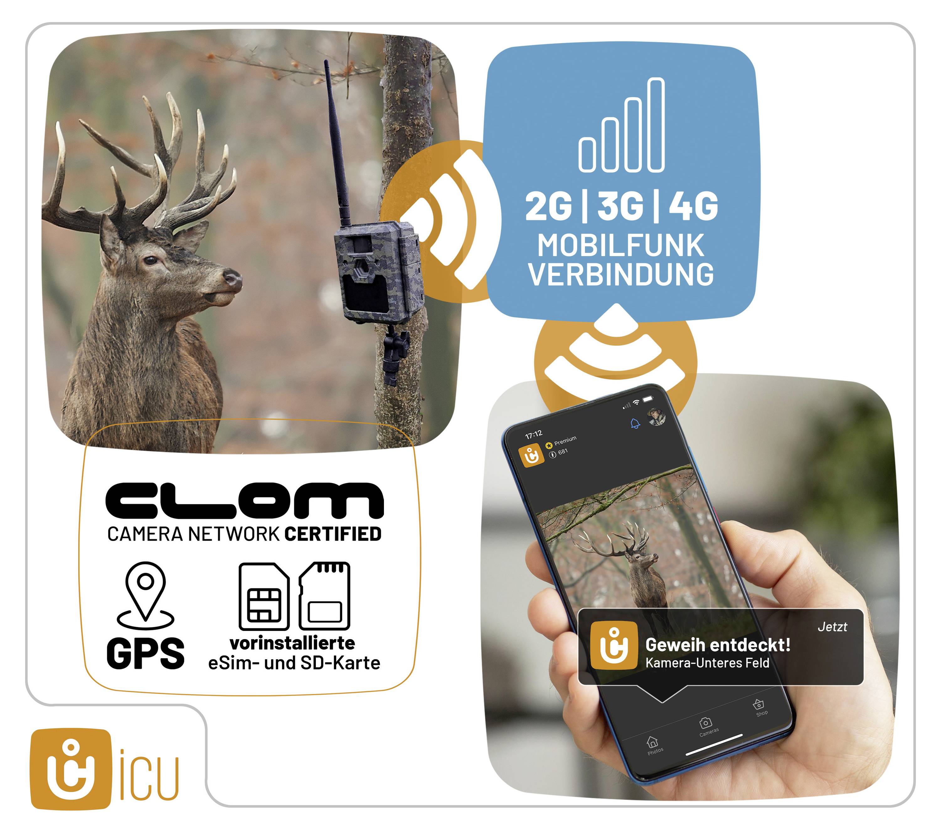 'Afbeelding toont een smartphone die een foto van een hert weergeeft, genomen door een wildcamera met 2G, 3G, 4G verbinding.'