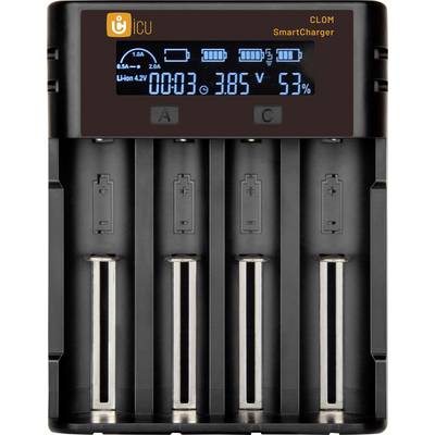 Een batterijlader met vier laadposities; scherm toont laadstatus: 3,85V, 53%. Merknaam 'iCU' en 'SmartCharger' zichtbaar.