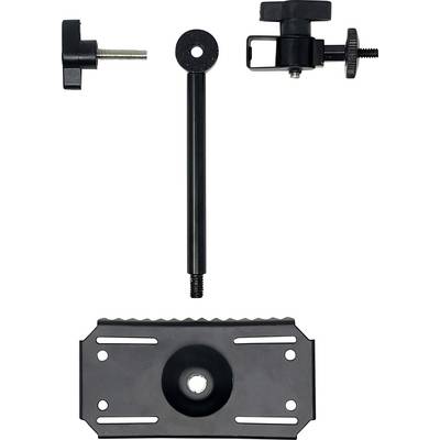 Zwarte metalen beugel met schroeven en steunarm, geschikt voor de montage van licht- of camera-apparatuur.