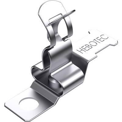 Metalen bevestigingsklem met geperforeerde basis en de merknaam 'HEBOTEC' ingegraveerd. Gebruikt voor de montage van kabels of buizen.