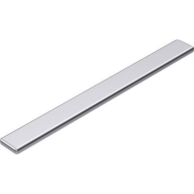 Een lange, smalle metalen staaf van zilver, liggend op zijn platte kant.