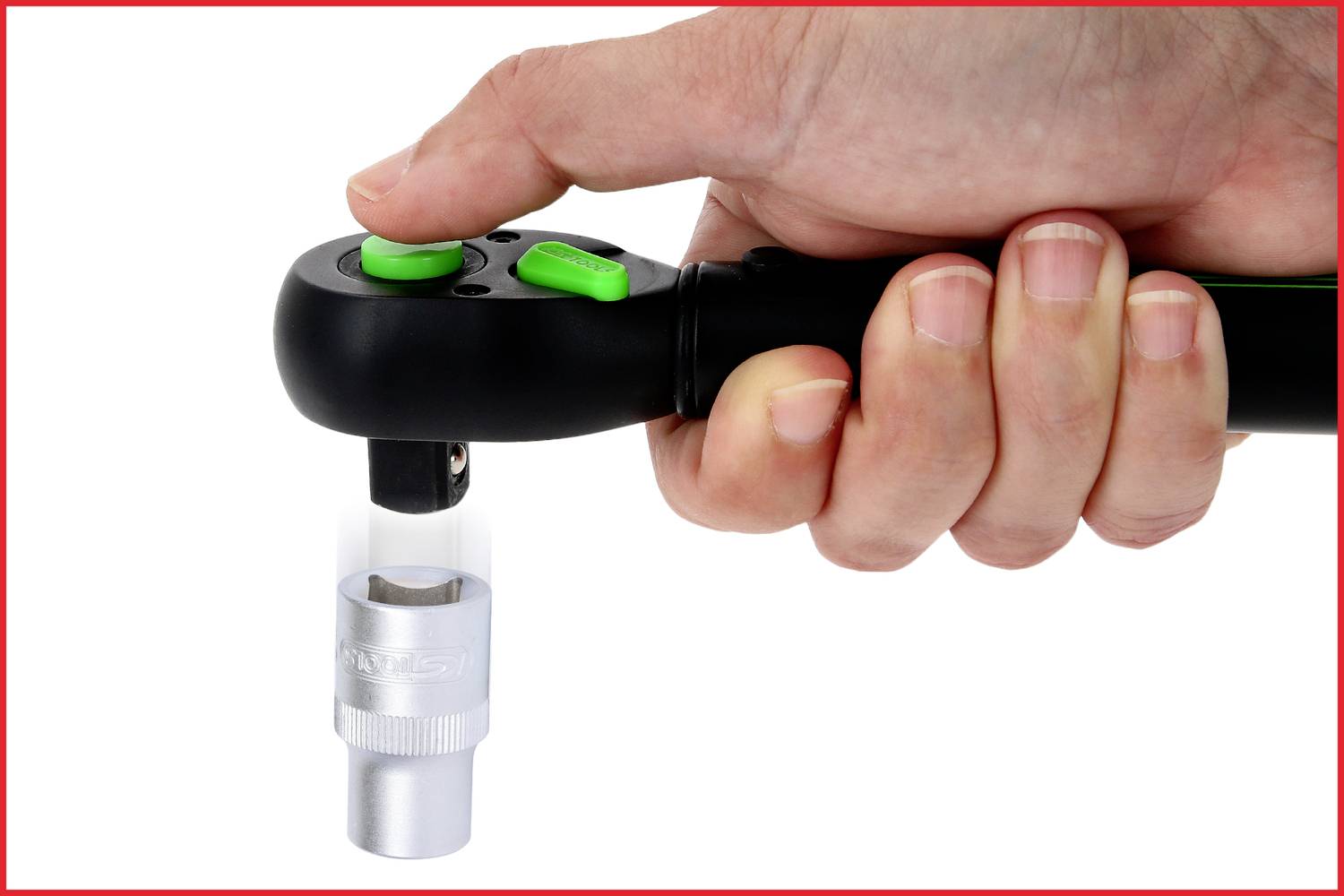 Zwart metalen, staafvormig gereedschap met een vierkante opname aan het ene uiteinde en een doorlopende nummering langs de schacht.