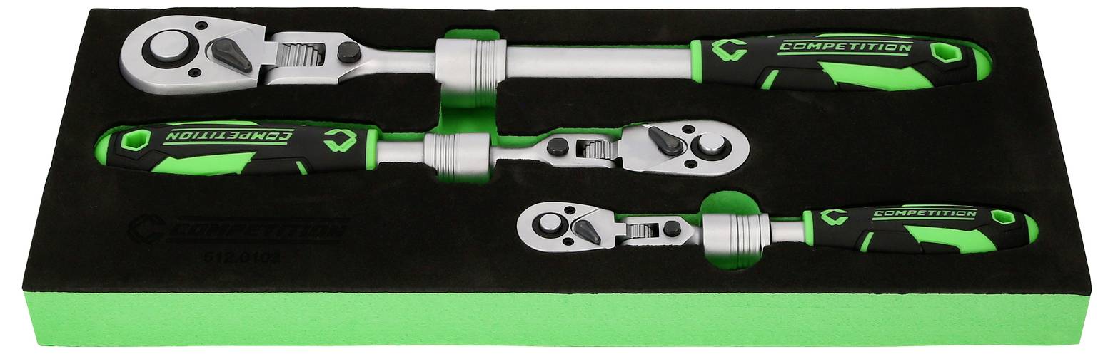 Drie ratelsleutels in verschillende maten in een zwarte schuimhouder met groene accenten.