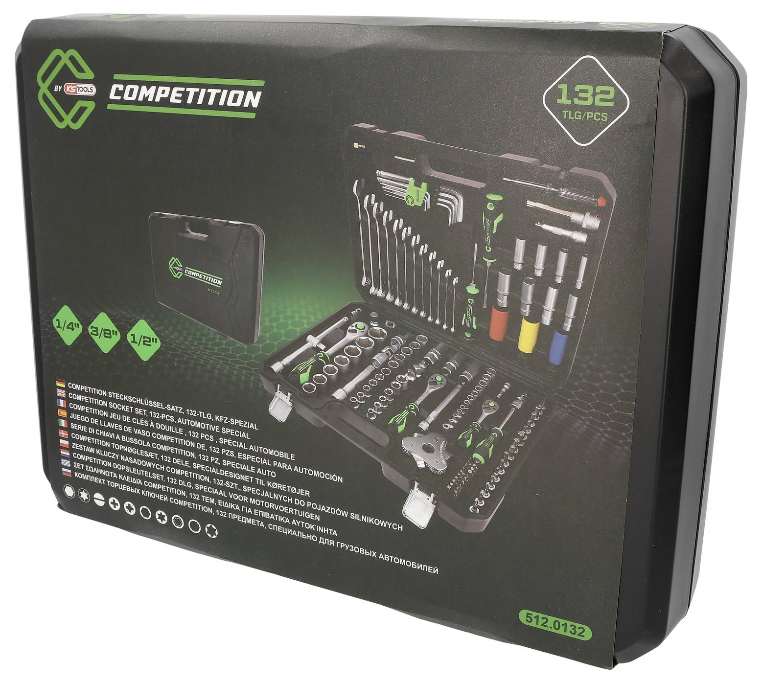 Een gereedschapskoffer-set met verschillende moersleutels, dopsleutels en toebehoren, in totaal 132 onderdelen. Verpakking toont het assortiment visueel.