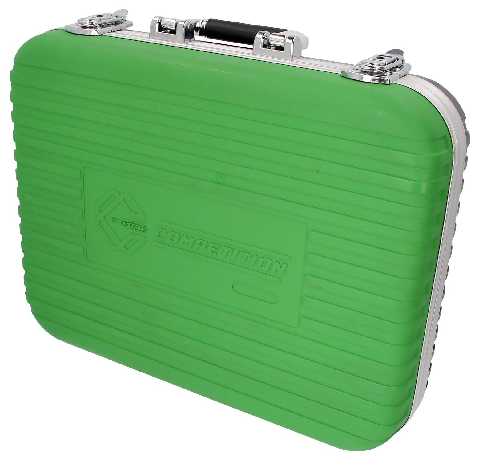 Een groene koffer met een zilveren frame en een zwarte handgreep. Geschikt voor het transport en de bescherming van voorwerpen.