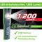'LED-werkverlichting, 1.200 lumen' met COB-techniek en automatische noodverlichting, gemarkeerd in rode tekst op een groene achtergrond.