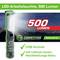 'LED-werklamp, 500 lumen' tegen sterrenheldere achtergrond; uitgelichte functies: COB-technologie, lithium-ion accu. Merknaam 'COMPETITION'.