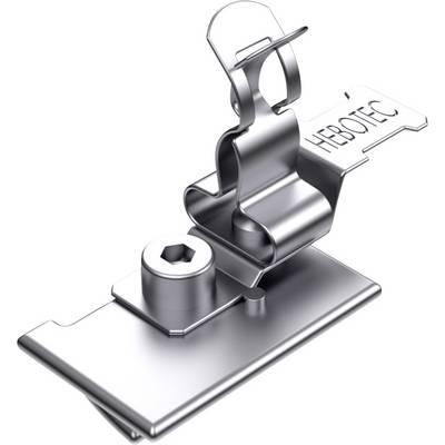 Metalen klem met zeskantschroef, robuust ontwerp, opschrift 'HEBOTEC'. Gebruikt voor het bevestigen van kabels of componenten.