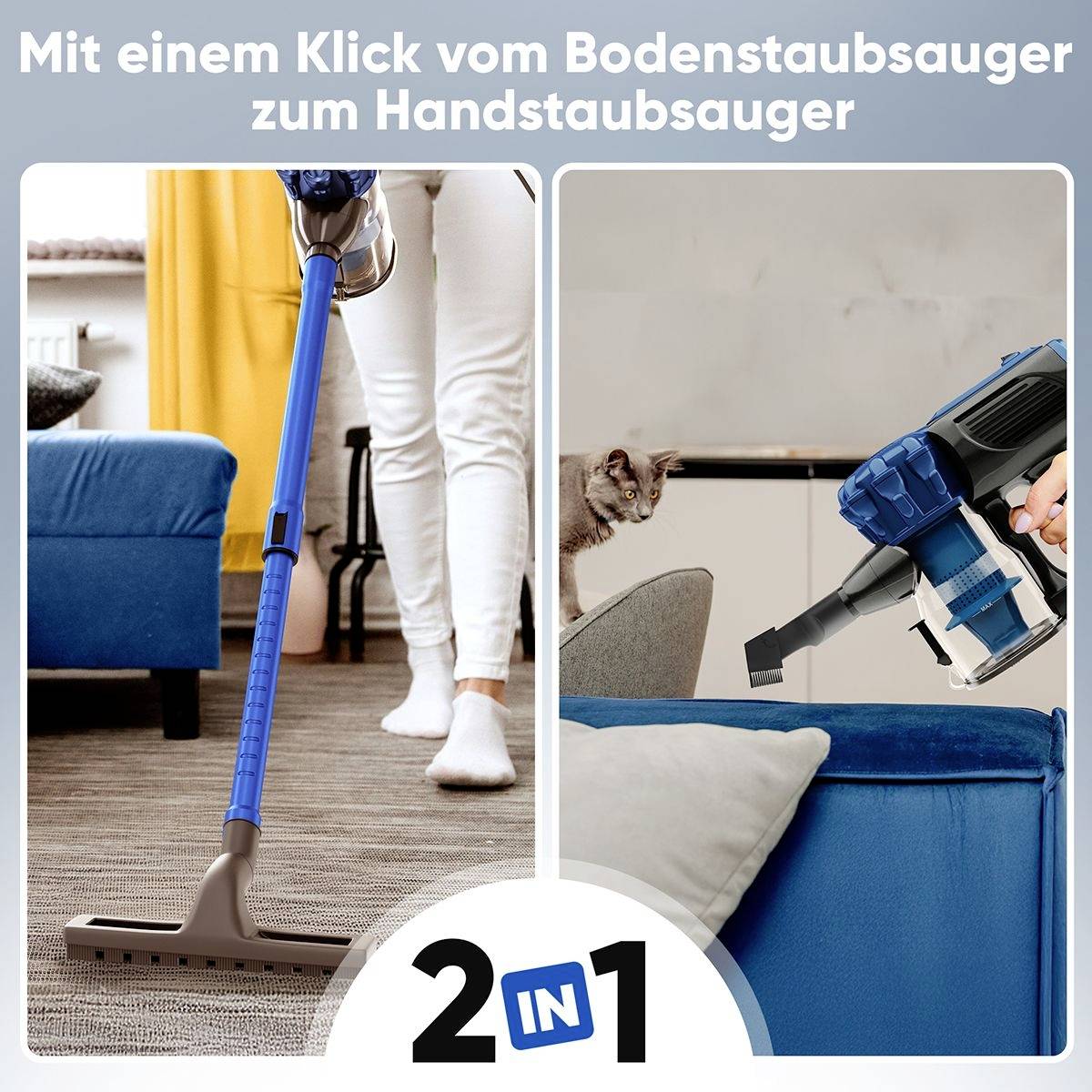 'Persoon met steelstofzuiger' en 'Handstofzuiger'. Tekst: 'Met één druk op de knop van steelstofzuiger naar handstofzuiger', '2-in-1'.
