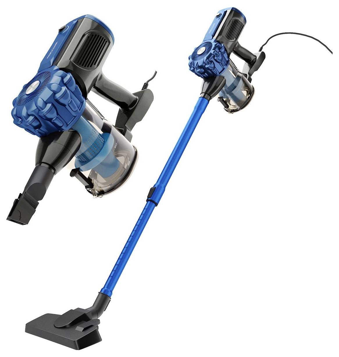Een blauwe, draagbare stofzuiger met handgeleide zuigmond en lange buis voor flexibele reiniging.