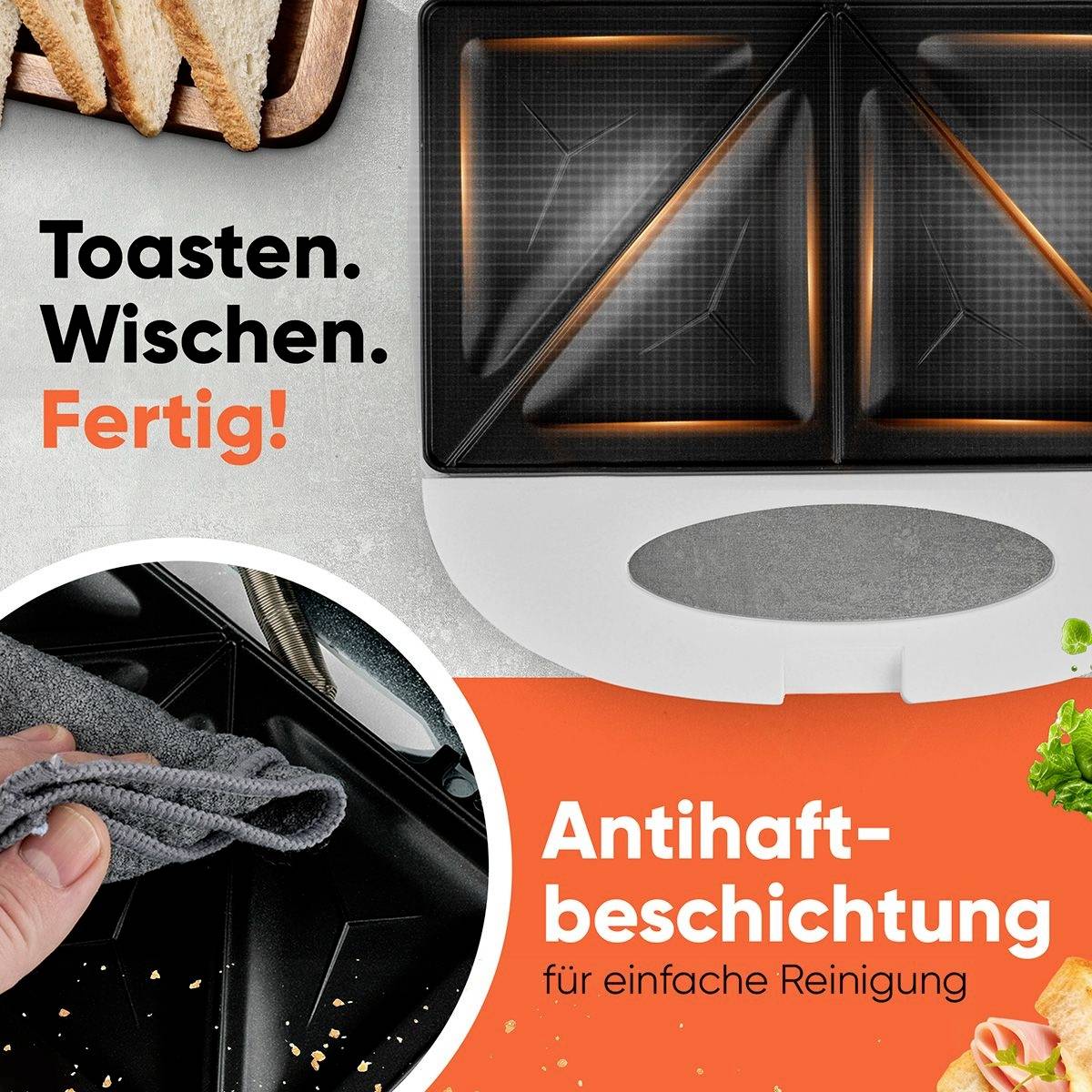 Toaster met uitneembare, anti-aanbaklaag voor eenvoudige reiniging. Met brood en tekst 'Roosteren. Vegen. Klaar!'