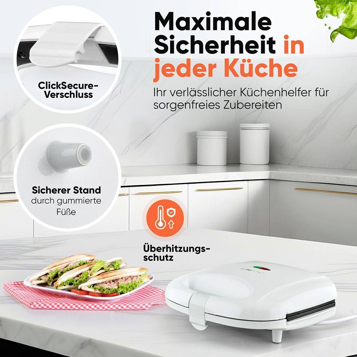 'Keukenmachine met oververhittingsbeveiliging. Kenmerken: ClickSecure-vergrendeling en rubberen voeten. Betrouwbare helper voor veilige bereidingen.'