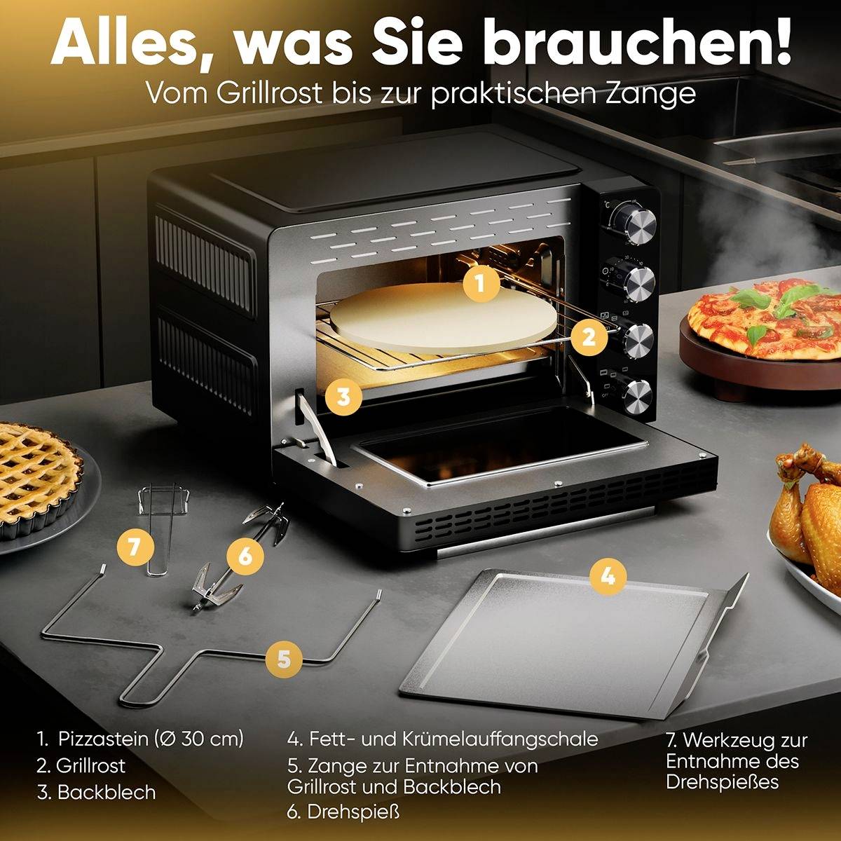 Keukenovenoven met pizzasteen, grillrooster en toebehoren. Tekst boven: 'Alles wat u nodig heeft! Van grillrooster tot handige tang'.