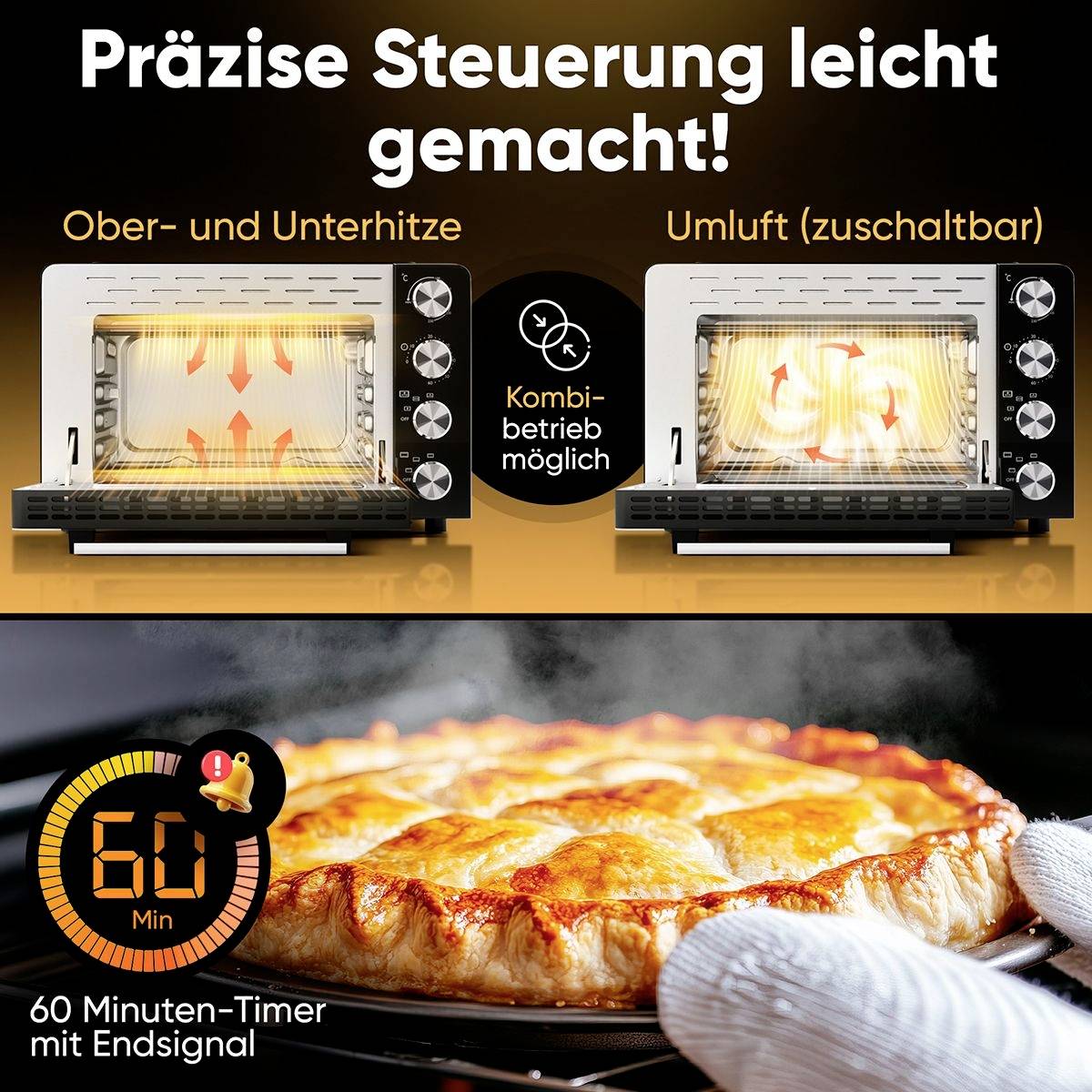 'Precisiebesturing zo eenvoudig!' toont een oven met boven-, onderwarmte en circulatieluchtfuncties. Timer: 60 minuten met eindsignaal. Onderaan: Detail van een goudbruine pizza.