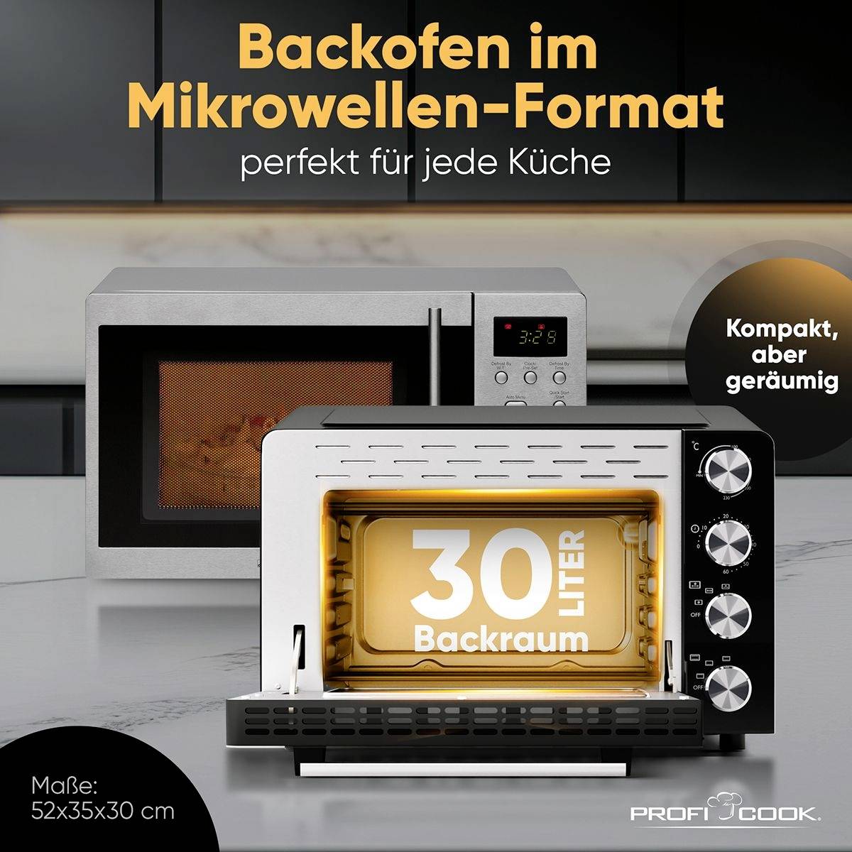 'Oven in microgolf-formaat', 30 liter bakruimte voor keuken met magnetron. Tekst: 'perfect voor elke keuken', 'Compact, maar ruim'. Afmetingen: 52x35x30 cm.