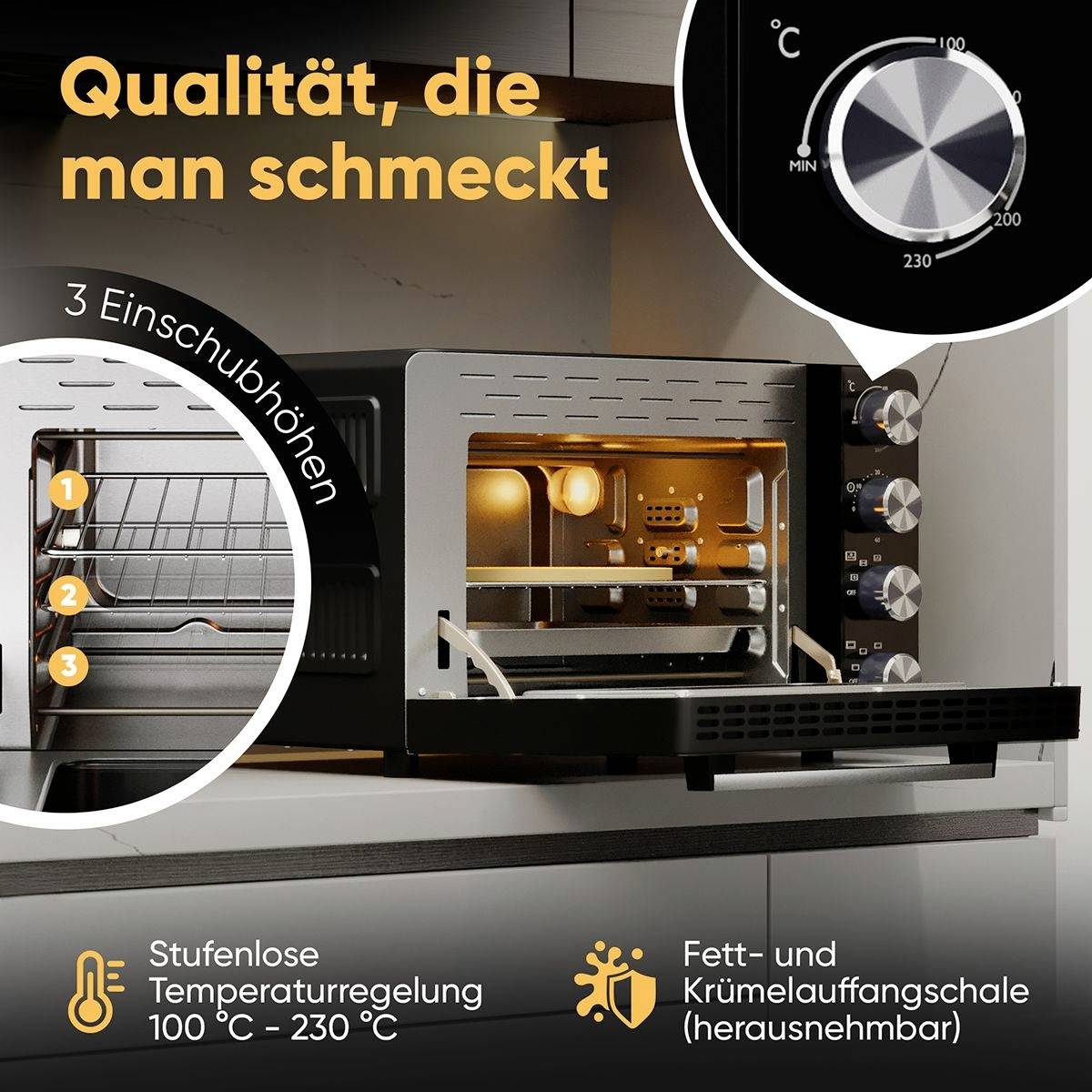 Een oven met een open deur toont traploos temperatuurregeling (100-230 °C) en een uitneembare vet- en kruimelbak. Tekst: 'Kwaliteit die je proeft' en '3 inschuifniveaus'.